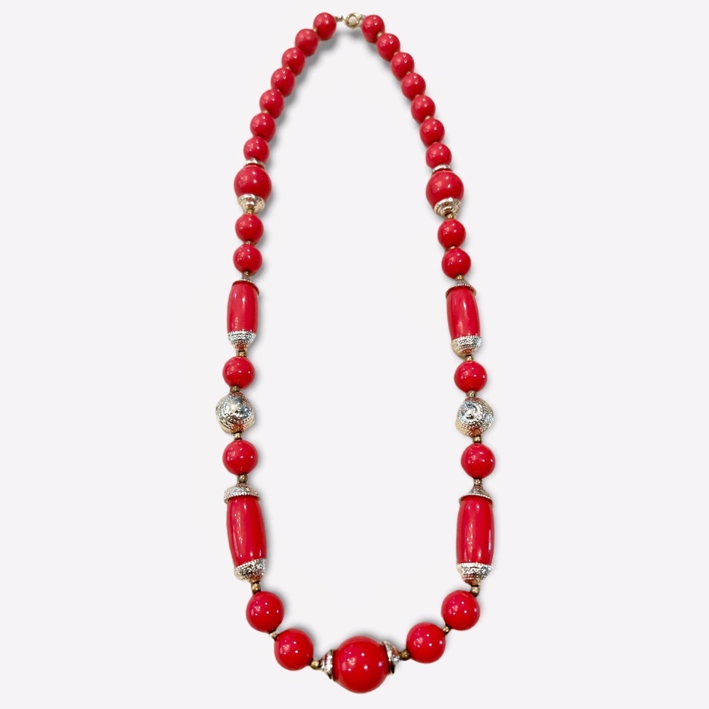 Vintage Resin Red Silver Round and Barrel Shaped Beaded Long Necklace